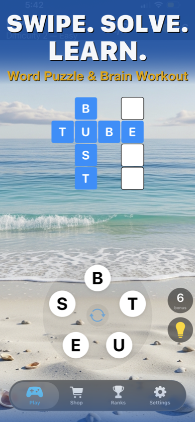 ArcWords gameplay — crossword grid and letter circle